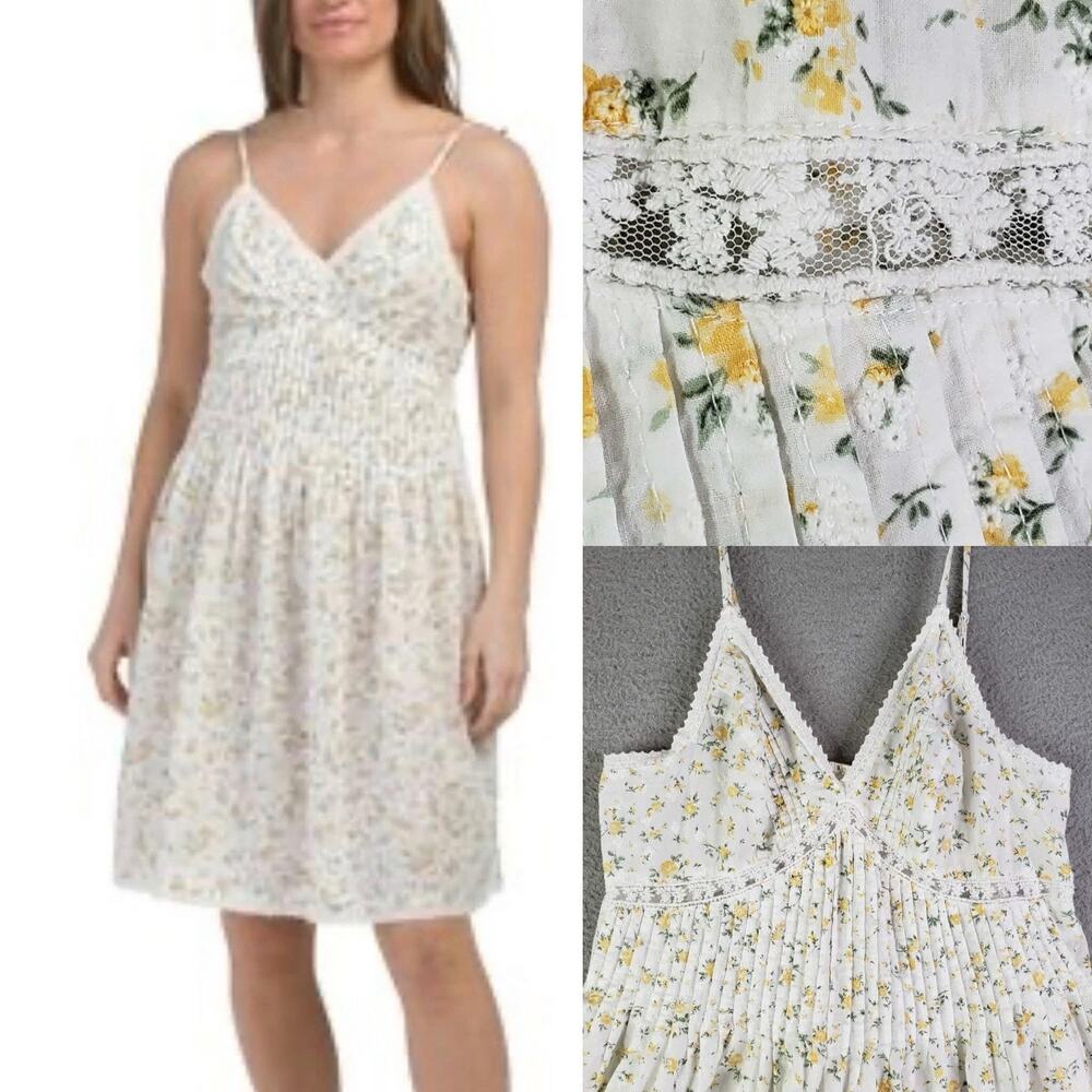 Rachel Ashwell Dress Floral White Yellow V-Neck Lace Eyelet Size Large L